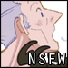 A small, nude old man sits inquisitively on the thorax of a giant anthropomorphic bee, who blows cigarette smoke into his face.