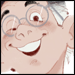 a fanart drawing of roddy mcdowall wearing a black silky shirt and glasses, carrying a small bag, joyously throwing his arms out.